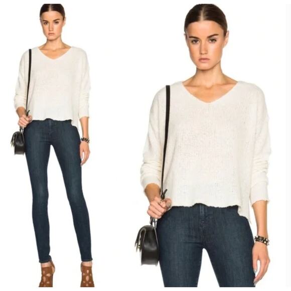 ATM Sweater Womens Medium Cream Soft V Neck Oversized Knit Cashmere Wool Silk - Picture 1 of 11